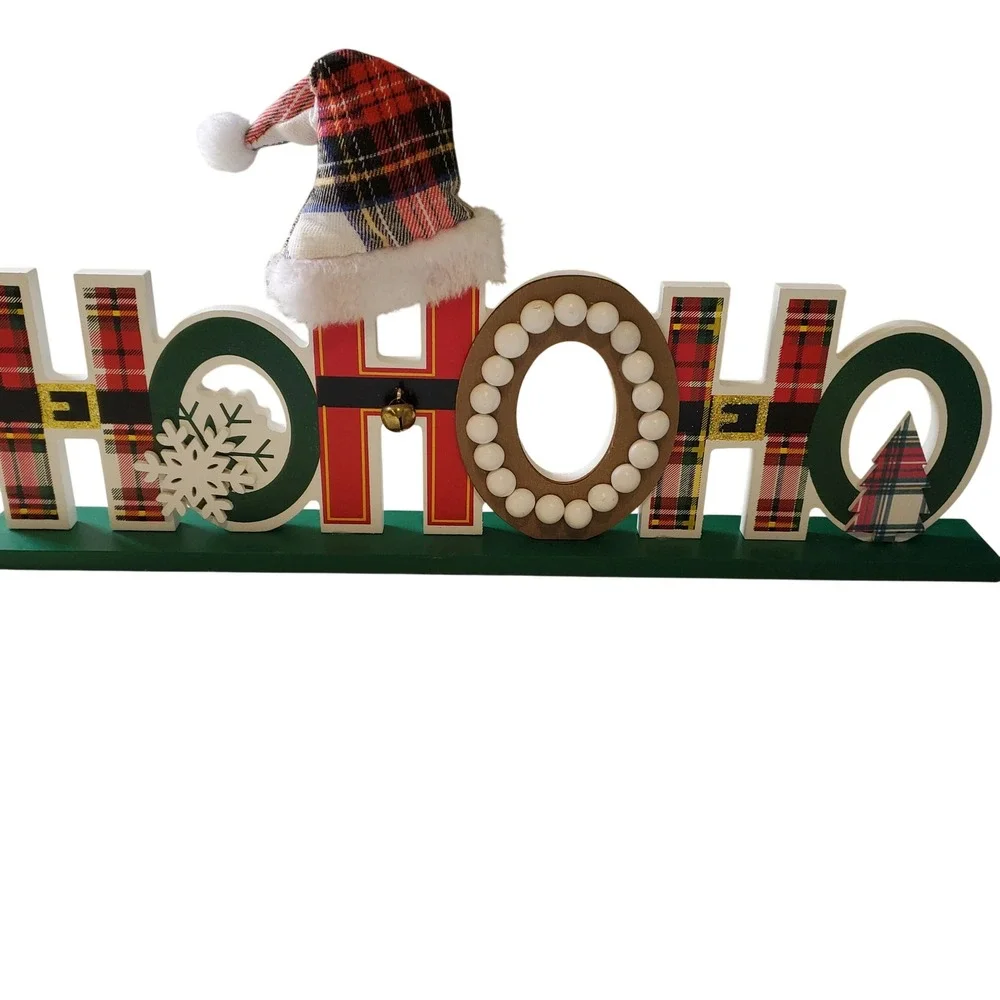 Wooden HO HO HO Christmas Sign‎ Plaid Santa Hat Snowflake Bell Tabletop Decor